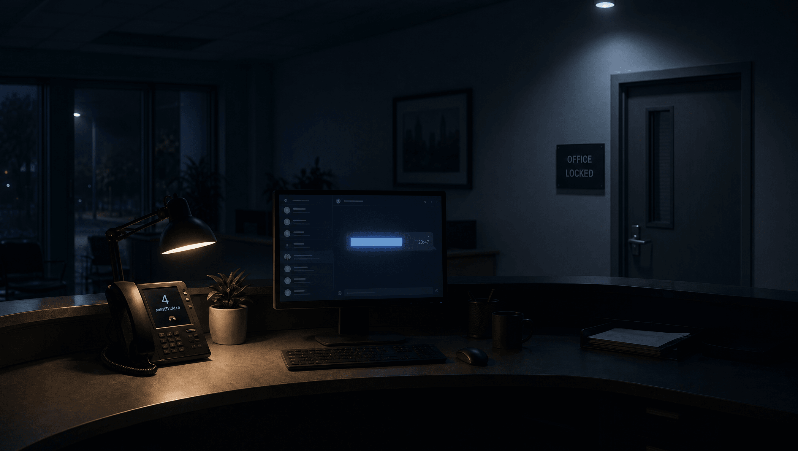 A locked clinic reception at night — desk phone showing missed calls, a chat-app preview glowing on a dark monitor at 20:47, the room empty.