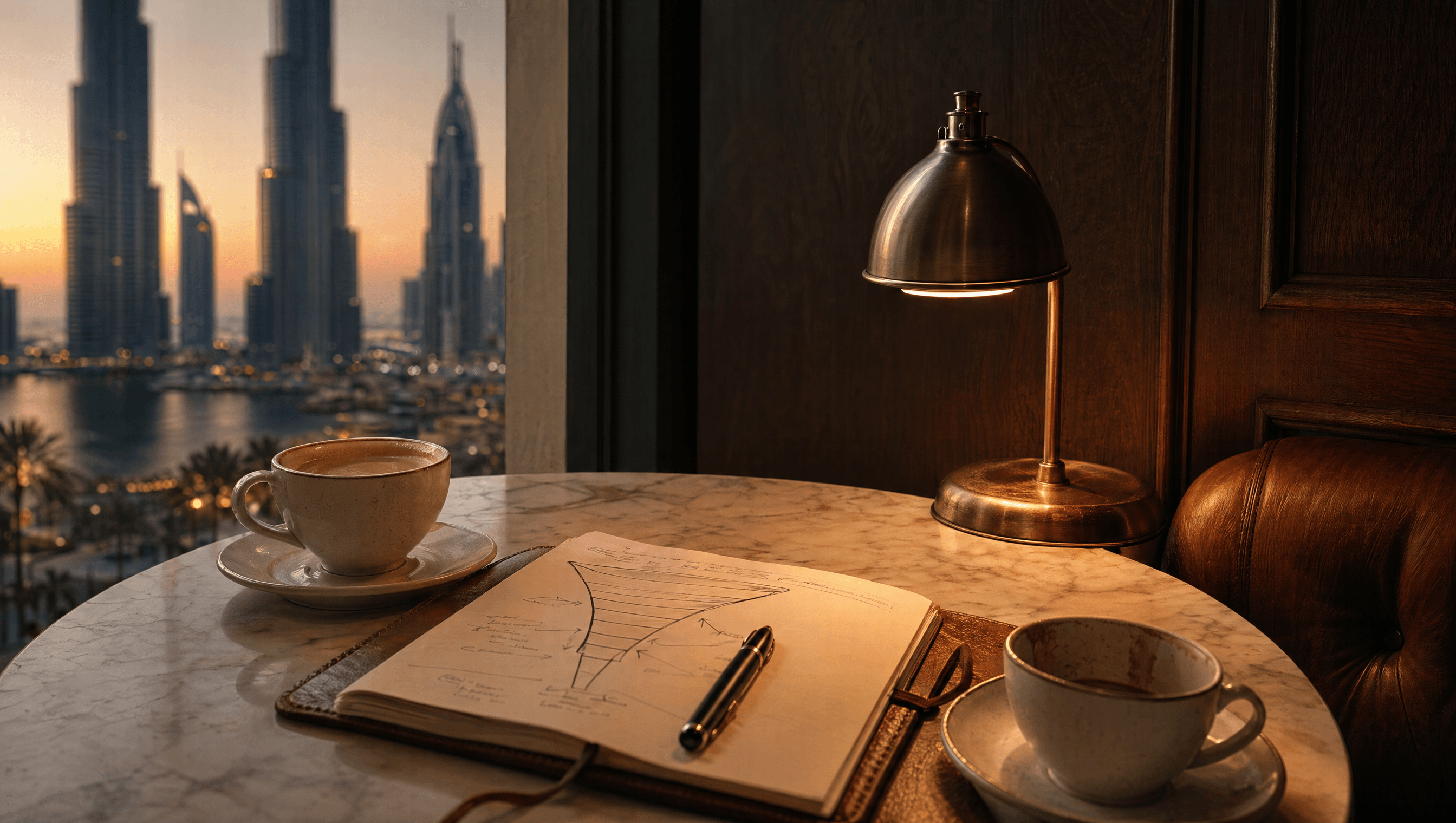 A Dubai cafe corner at dusk — leather notebook open to a hand-drawn marketing funnel, brass desk lamp, espresso cup, the skyline beyond the window.