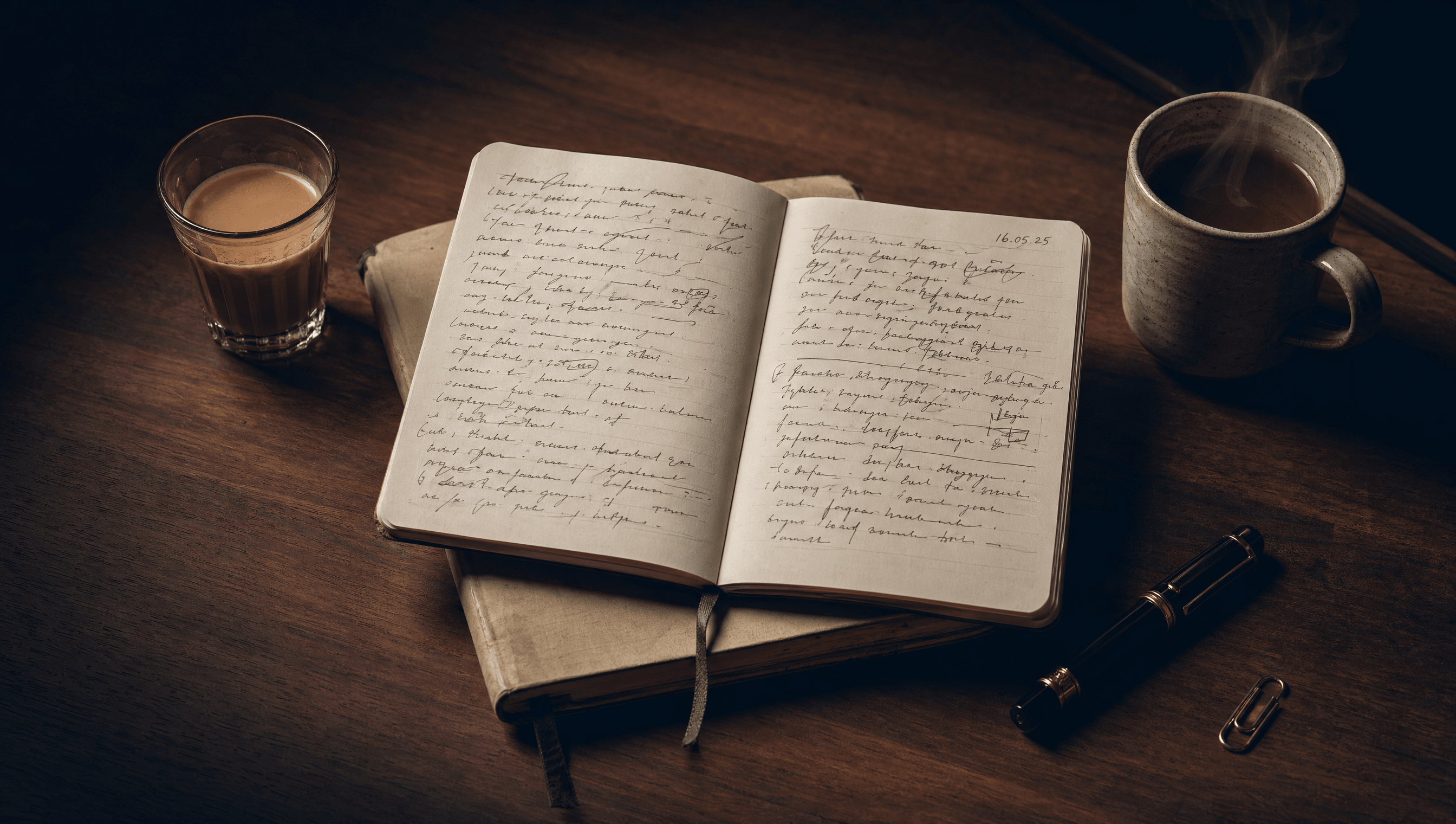 Two paper notebooks stacked on warm wood, open to handwritten notes, a karak chai glass on one side and a steaming tea mug on the other — the convergence of two professional histories.
