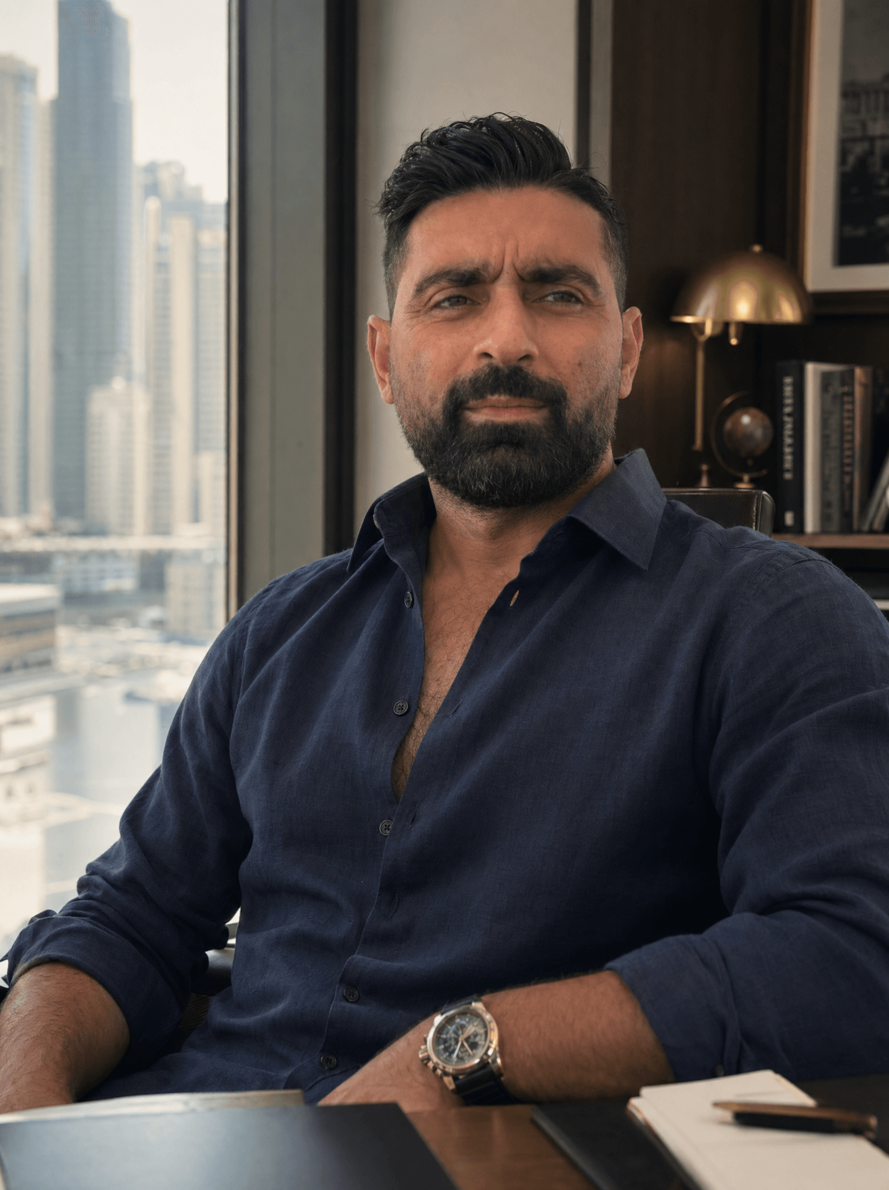 Editorial portrait of Besnik, ClinicBoost co-founder, seated at a Dubai office window with the Marina skyline behind him.