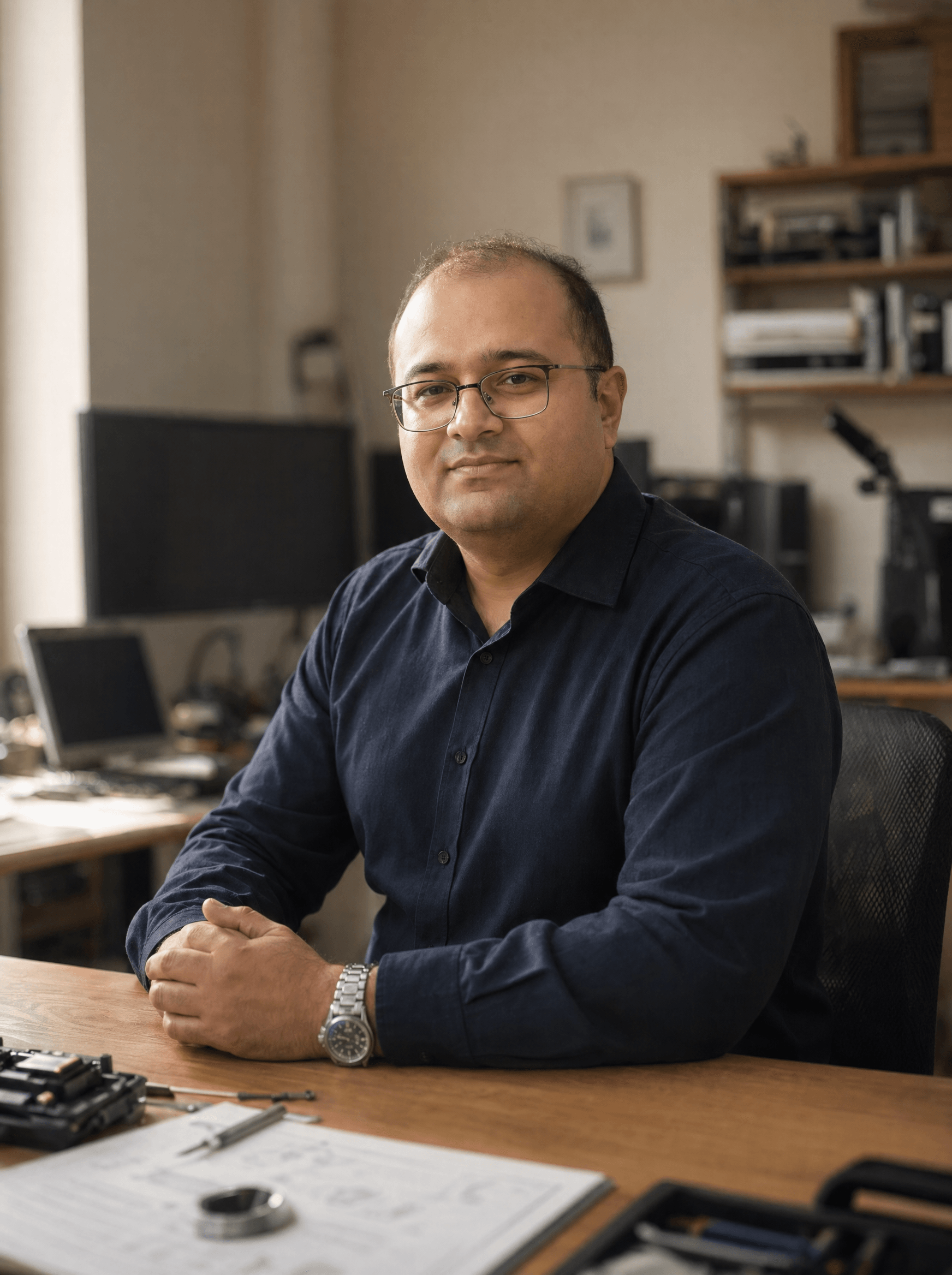 Editorial portrait of Faheem ud Din, ClinicBoost co-founder, seated at a workshop desk with monitors blurred behind him.