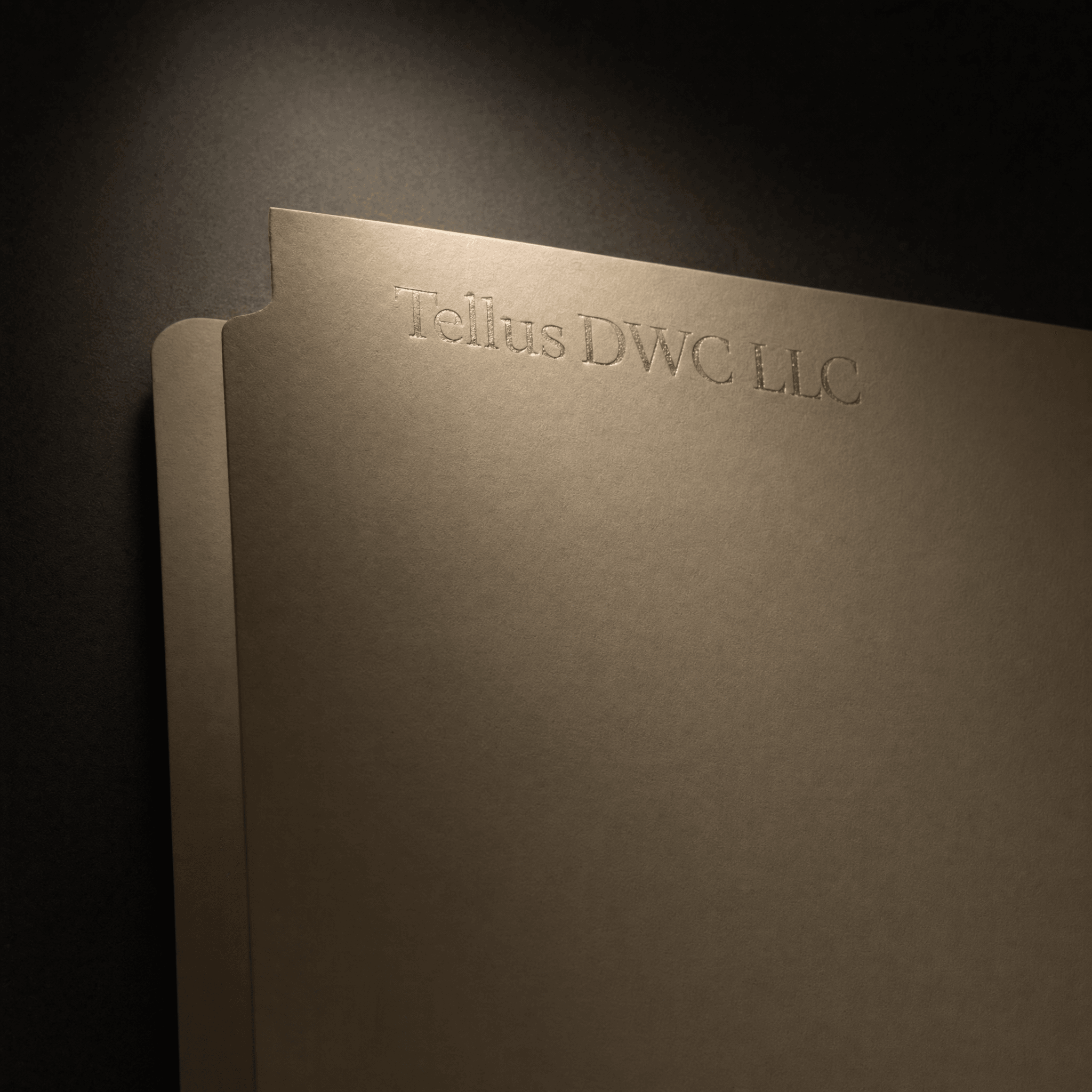 A closed cream-paper folder with the Tellus DWC LLC wordmark embossed in gold foil, photographed in low Kinfolk-magazine light.