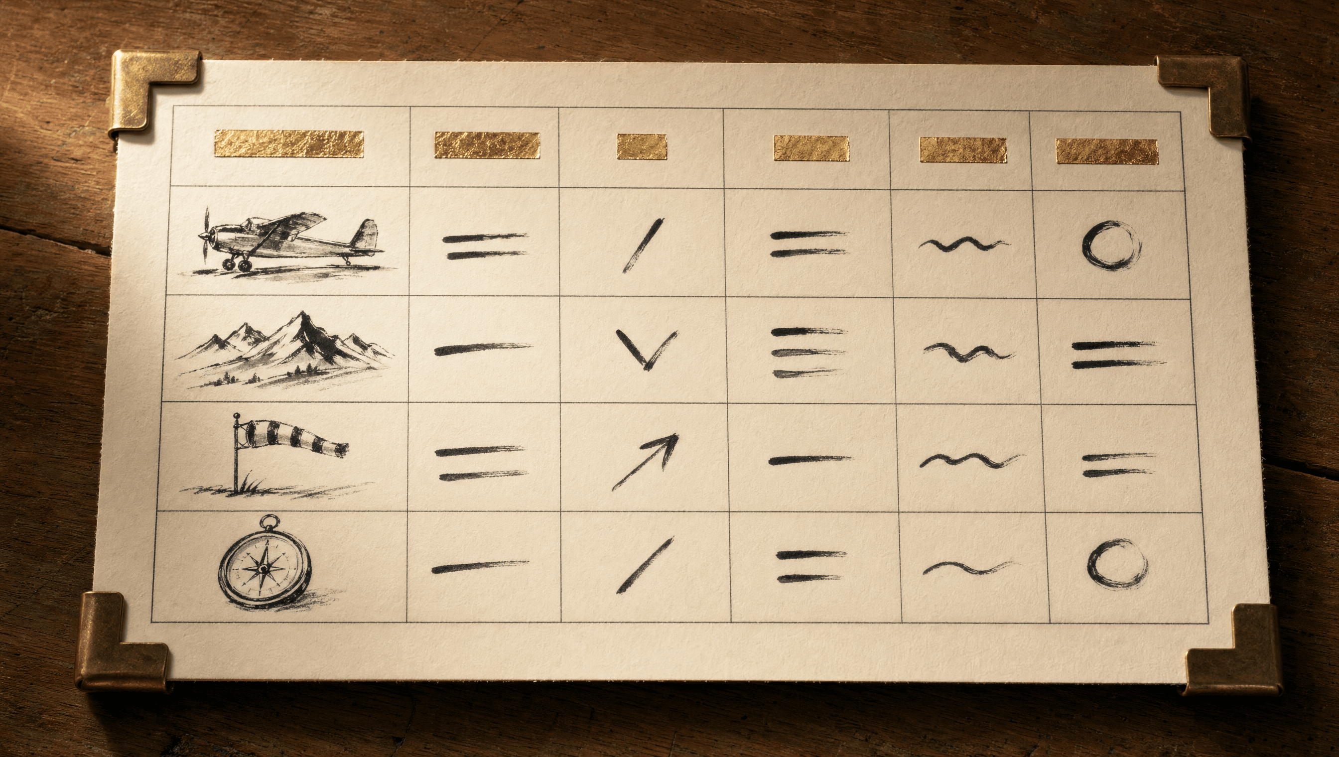 A pilot scorecard layout on cream paper, gold-foil column headers and ink-stroke row data — the format the cohort will be measured by.