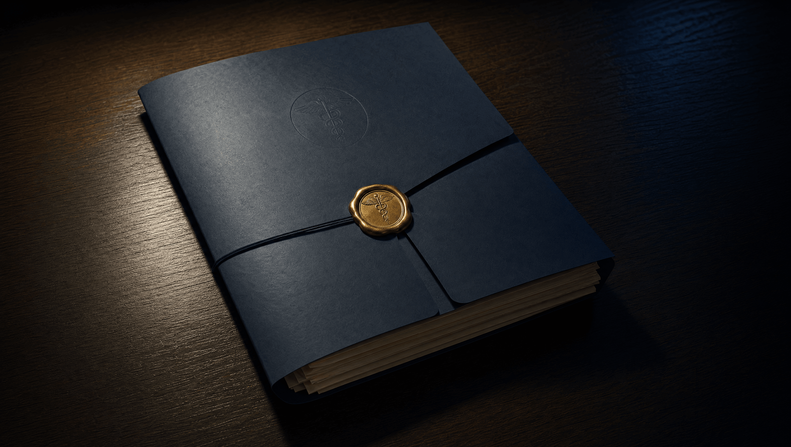 A closed folder of medical records on dark walnut, sealed with a gold wax seal — the data perimeter, made physical.