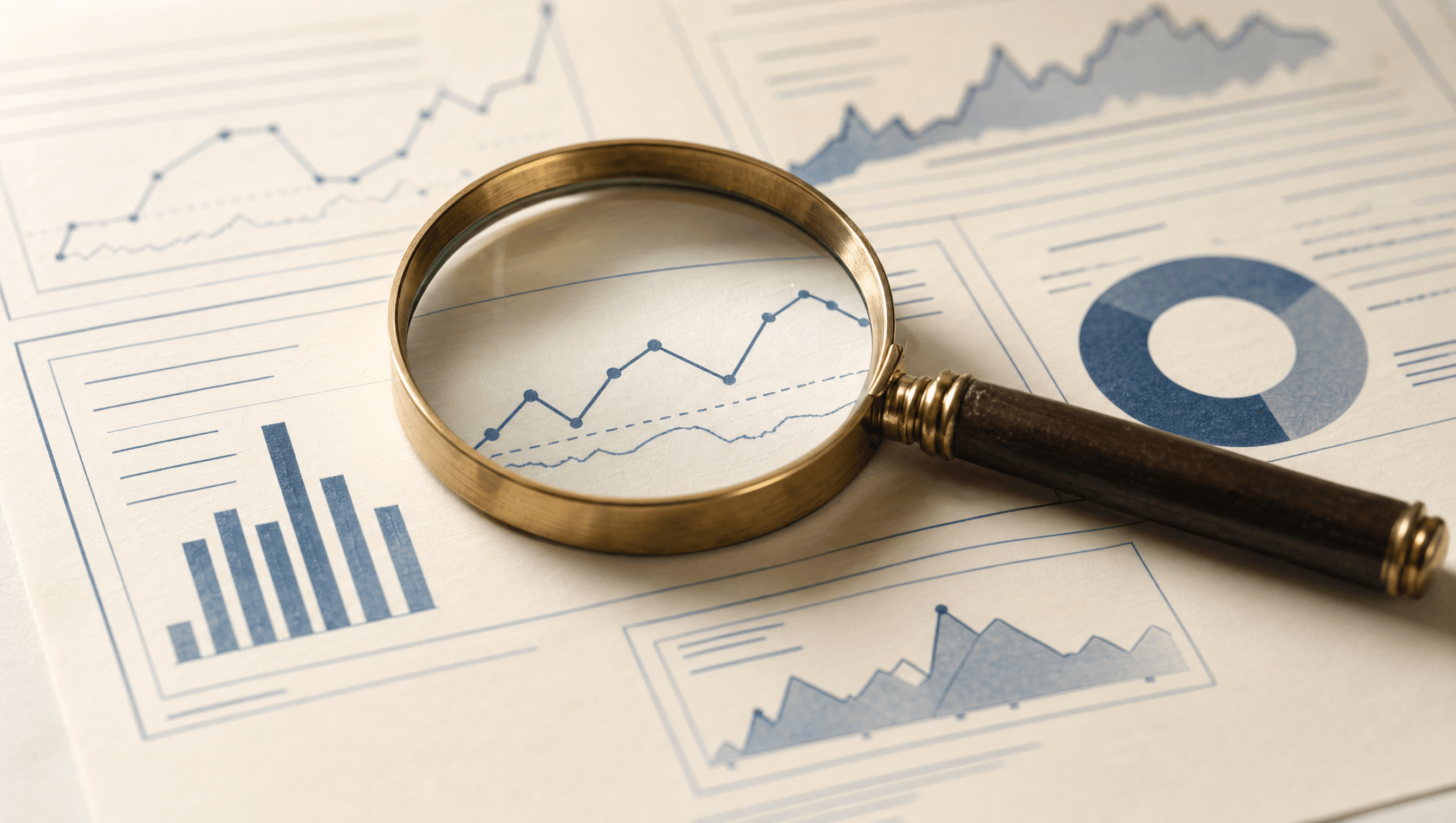 A brass-rimmed magnifying glass resting on a printed dashboard layout — the audit document, mid-read.