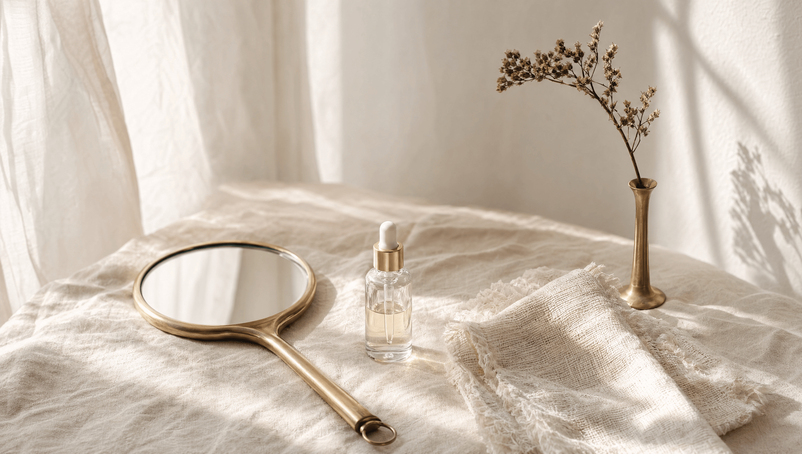 A brass-handled mirror, glass dropper bottle, folded muslin and a dried botanical stem on cream linen — restraint, treated as a discipline.