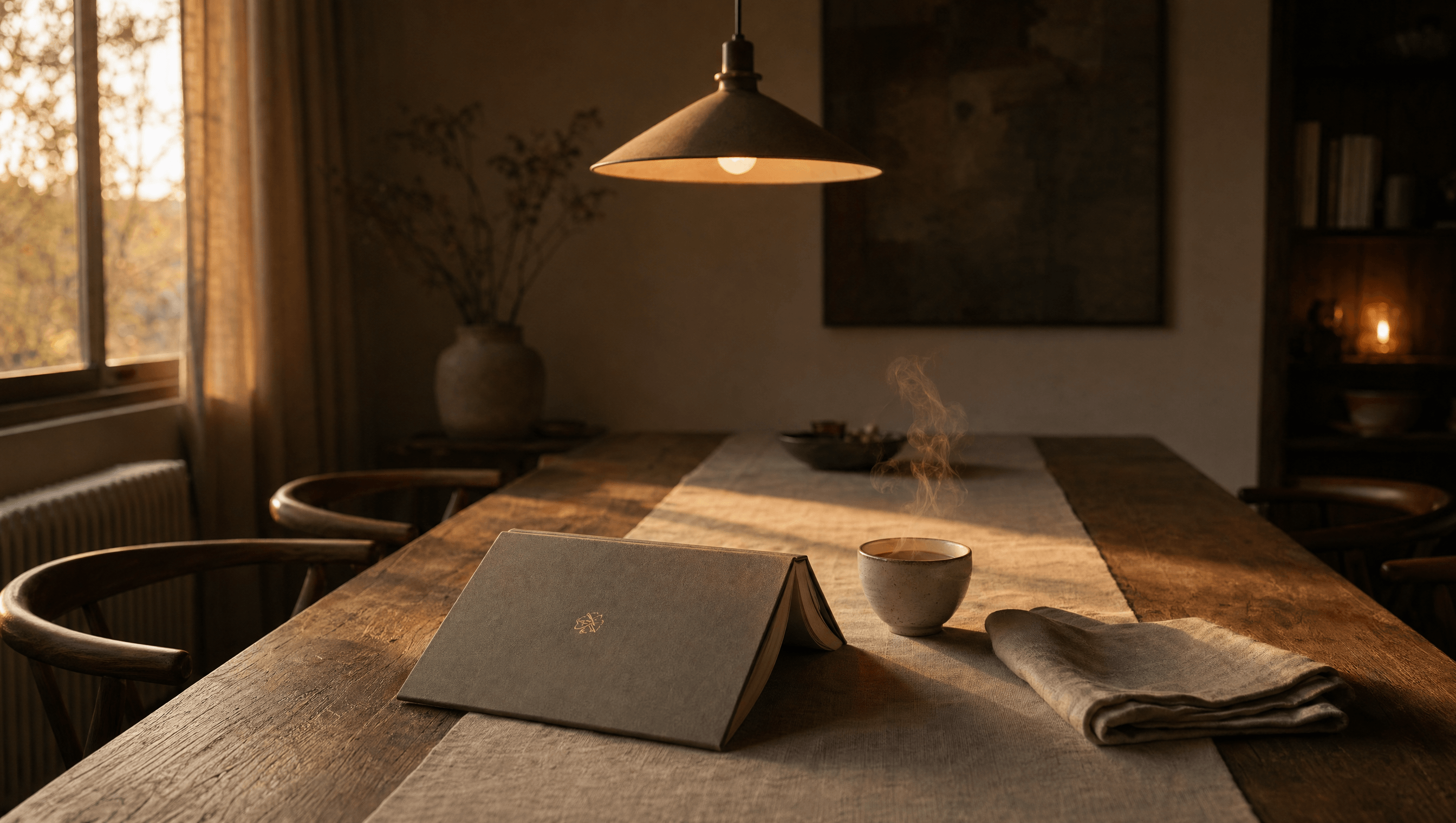 A long table at golden hour, a hardcover book face-down, a steaming teacup, a folded napkin — staying present, not pushing.