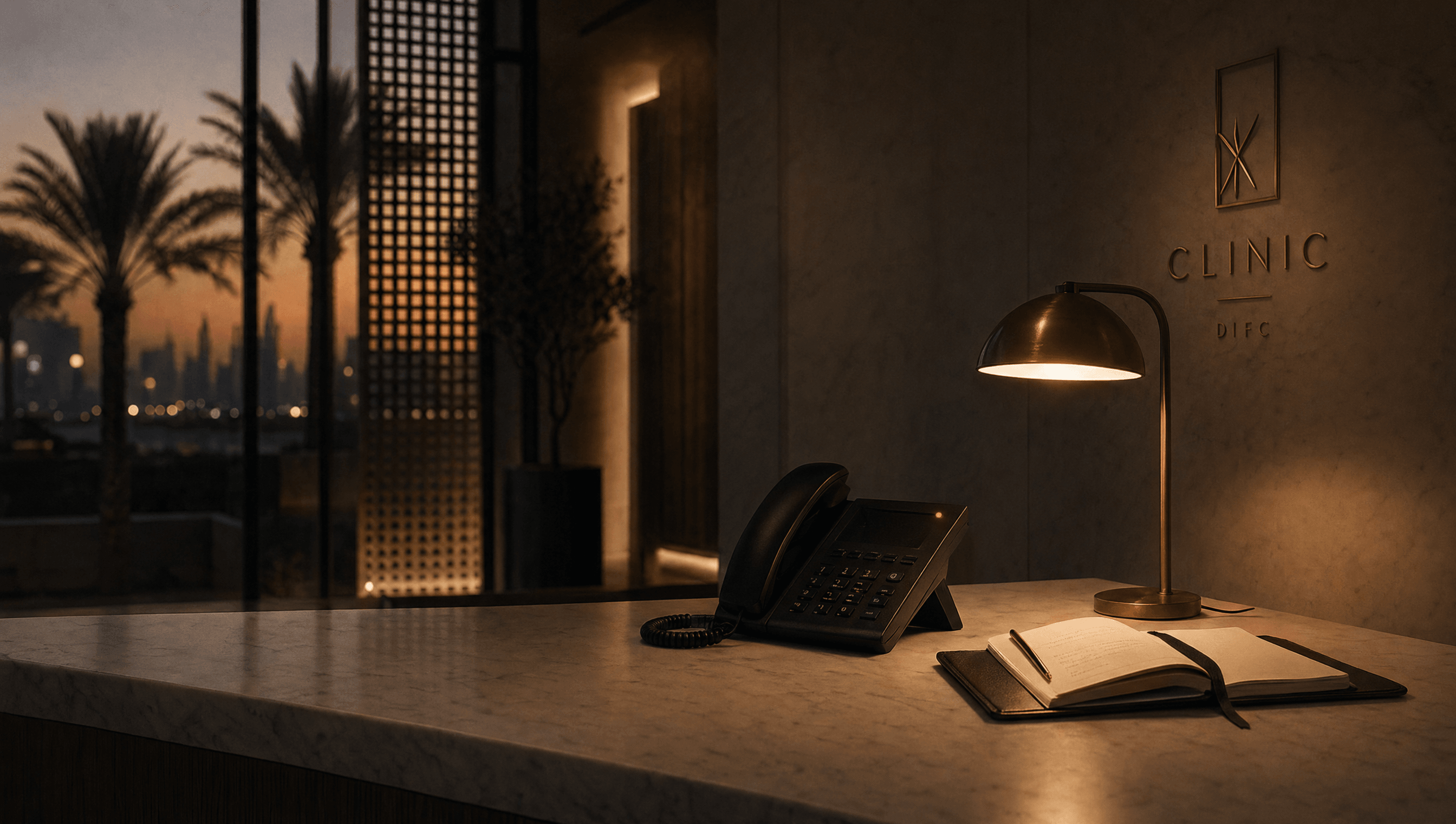 Empty private clinic reception in Dubai at dusk, missed-call indicator on the phone
