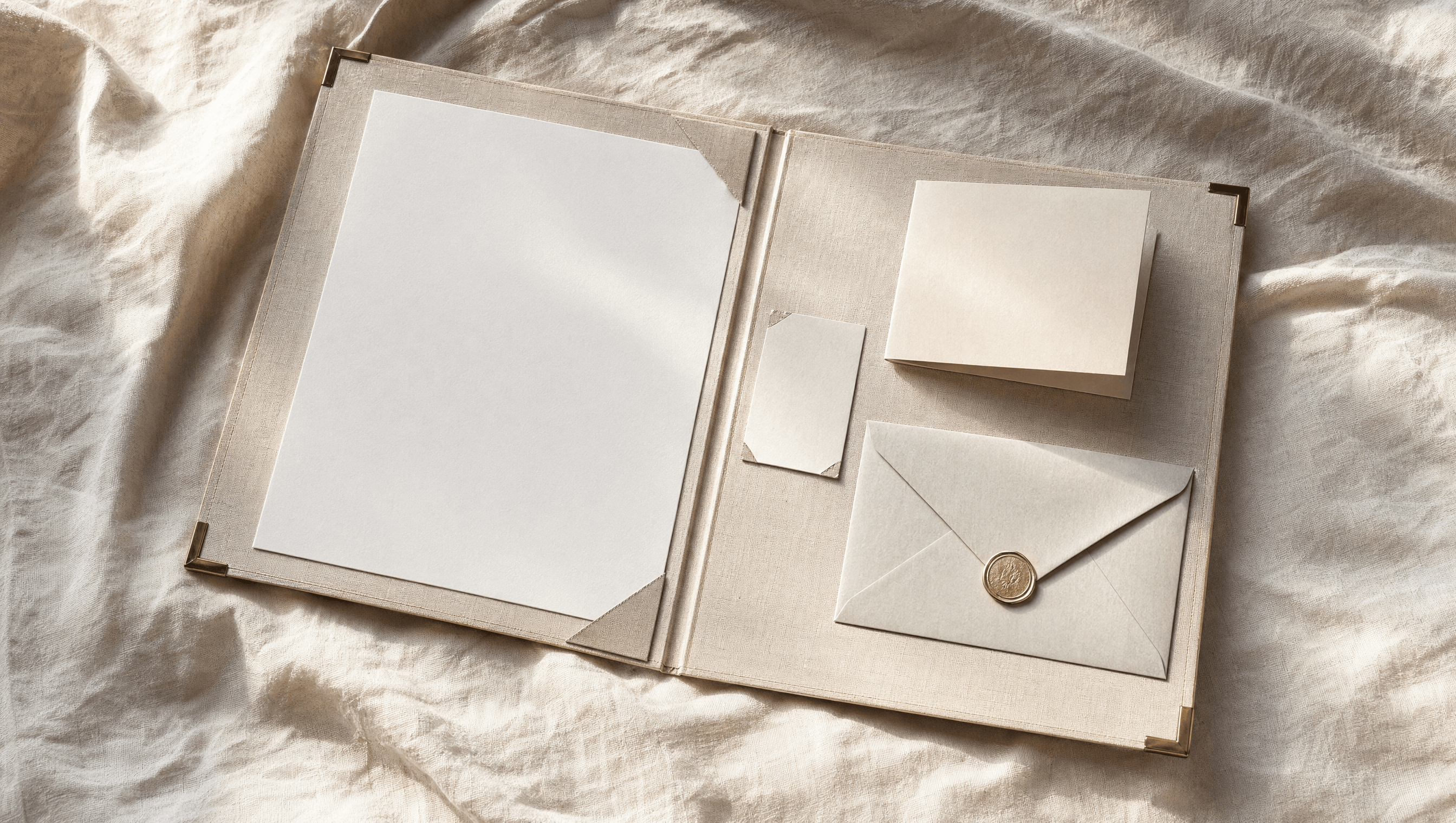 A press kit folder open on cream linen — folded card, contact card, sealed envelope. The materials, available.