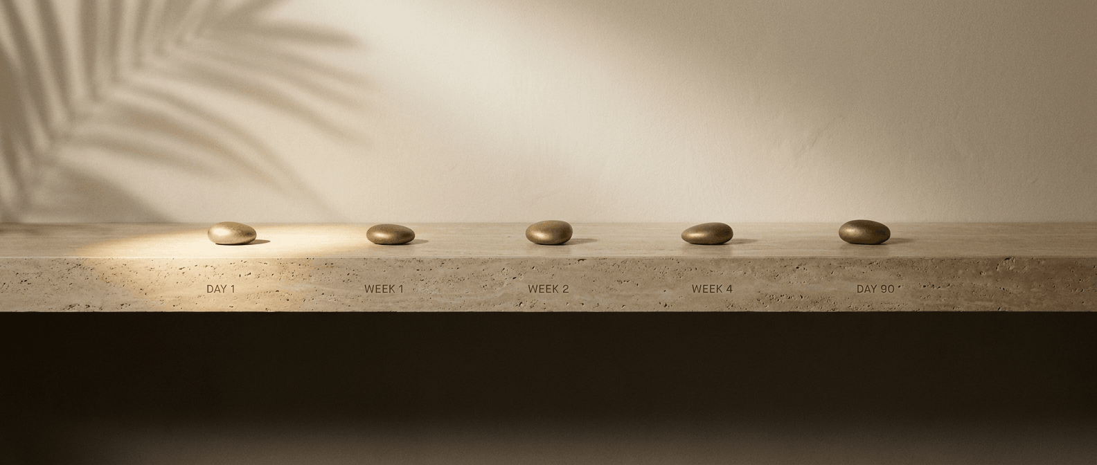 Travertine plinth with five brass markers — Day 1 through Day 90